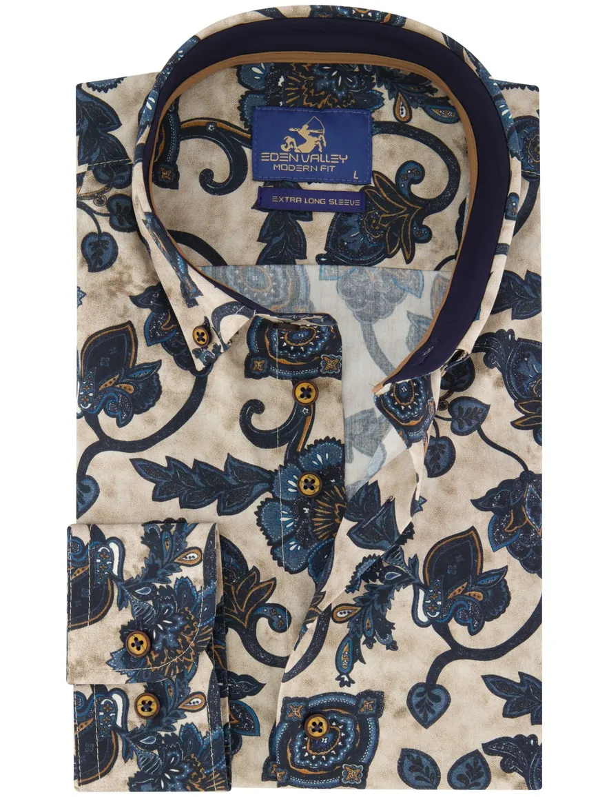 Eden Valley overhemd ml 7 beige donkerblauw print
