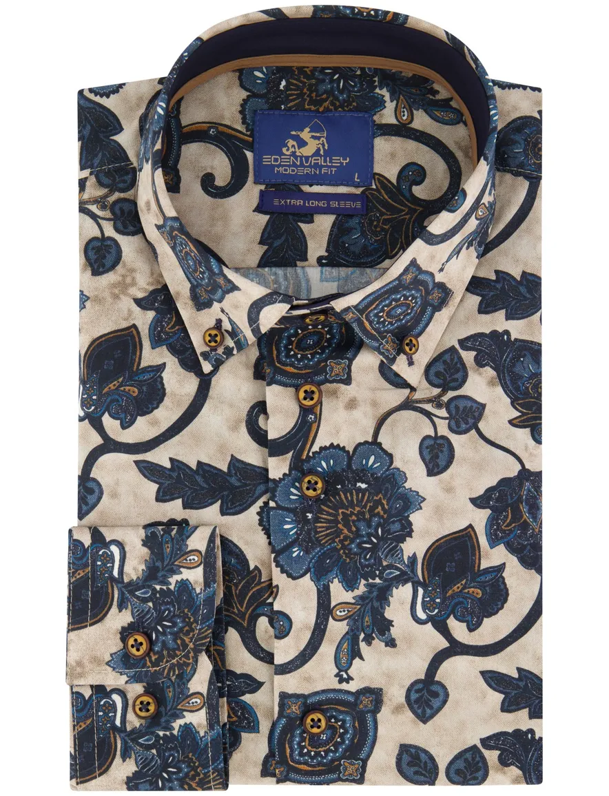 Eden Valley overhemd ml 7 beige donkerblauw print modern fit