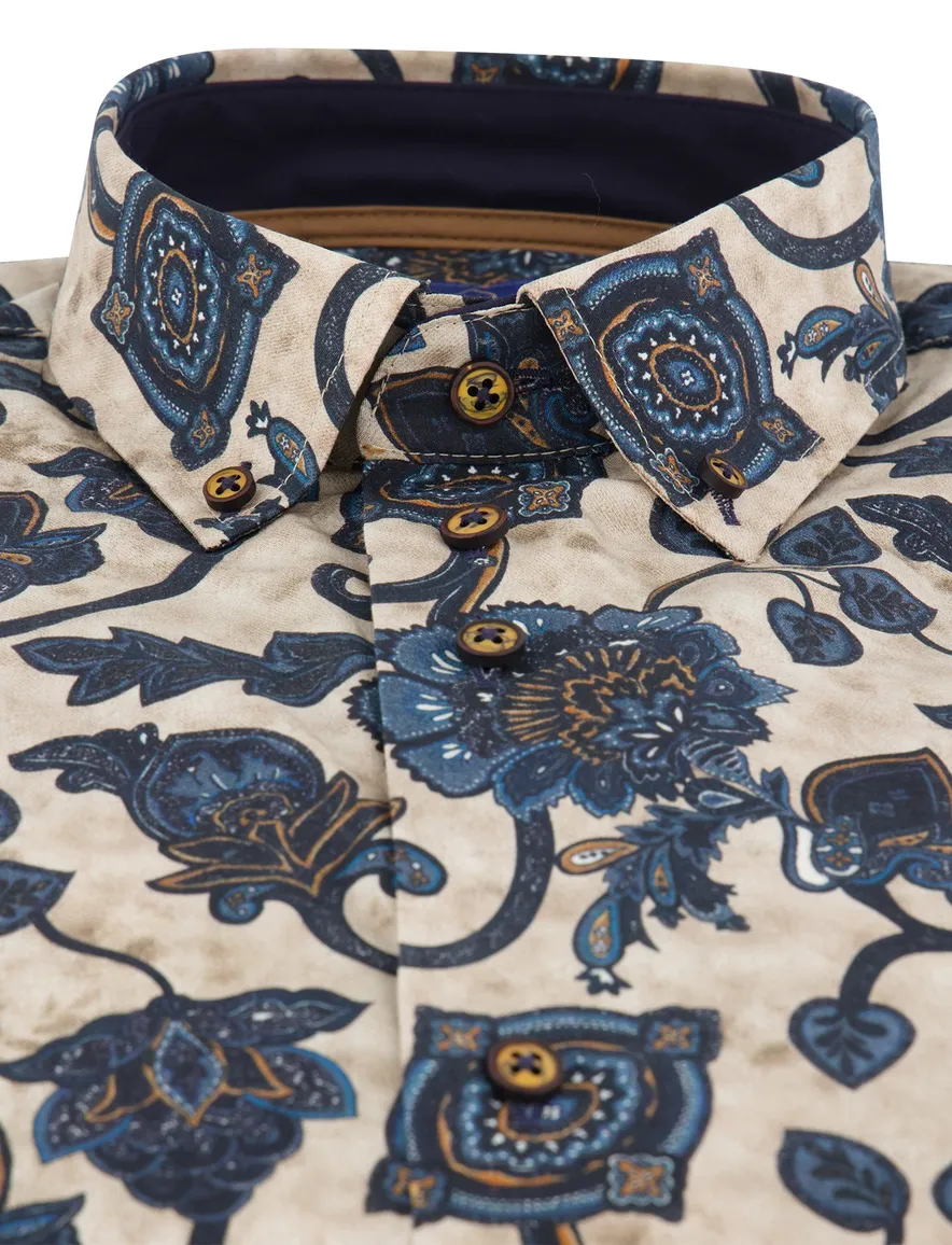 Eden Valley overhemd ml 7 beige donkerblauw print modern fit