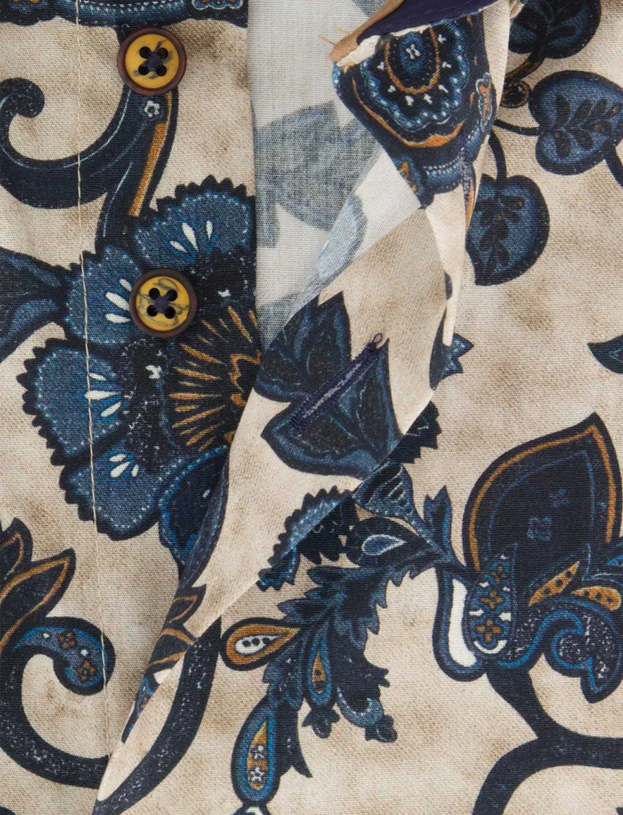 Eden Valley overhemd ml 7 beige donkerblauw print modern fit