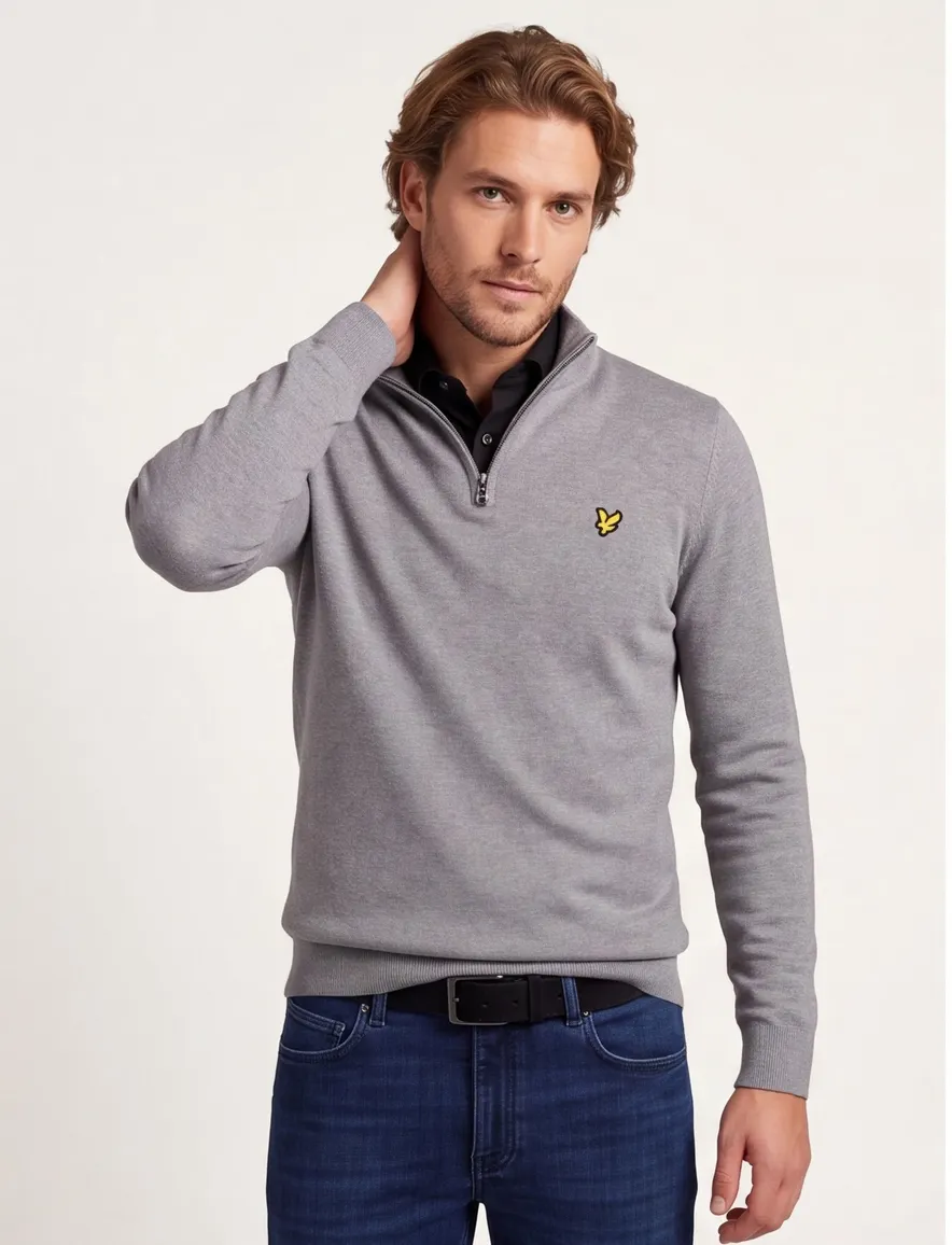 Lyle & Scott trui grijs effen half zip katoen