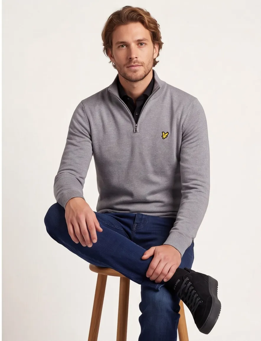 Lyle & Scott trui grijs effen half zip katoen
