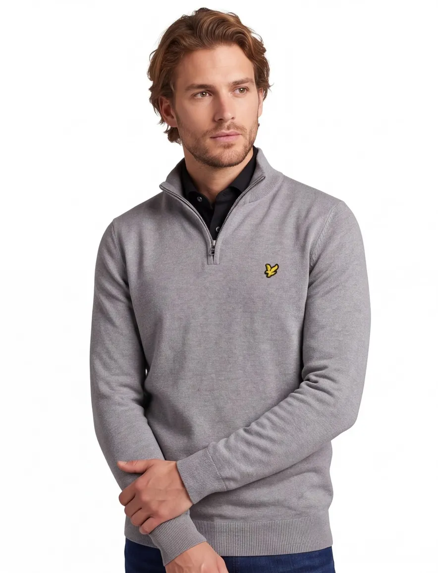 Lyle & Scott trui grijs effen half zip katoen