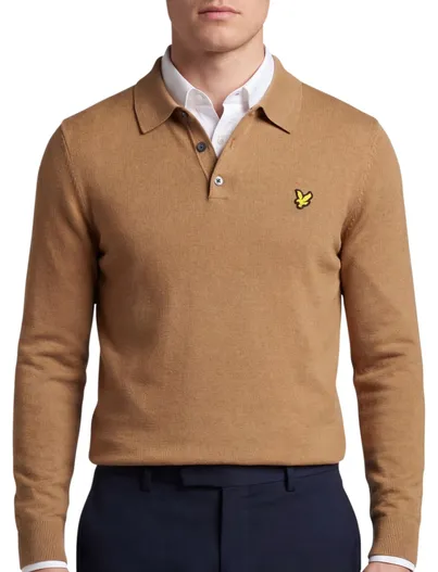 Lyle & Scott Lyle & Scott lange mouw polo bruin 3-knoops