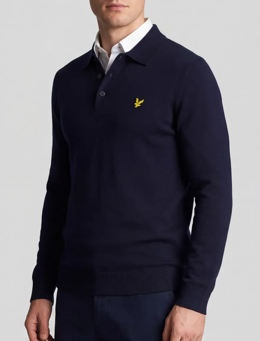 Donkerblauwe lange mouwen polo Lyle & Scott normale fit