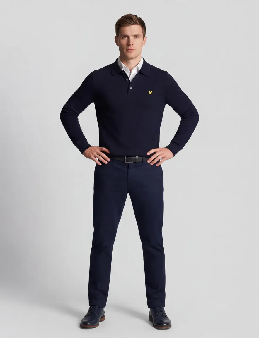 Donkerblauwe lange mouwen polo Lyle & Scott normale fit