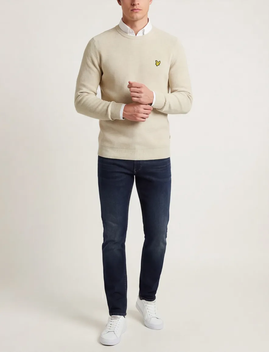 Lyle & Scott trui creme ronde hals grof gebried