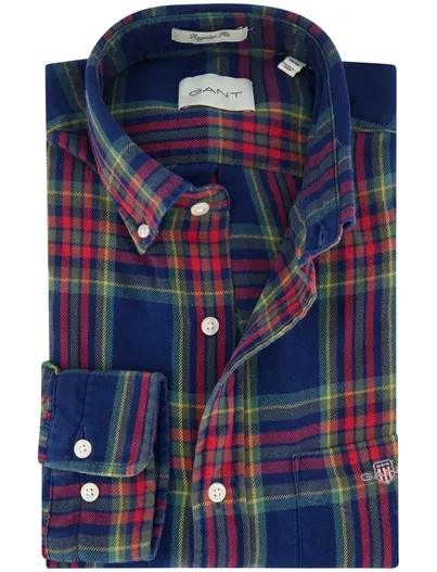 Gant Gant regular fit casual overhemd blauw geruit flanel
