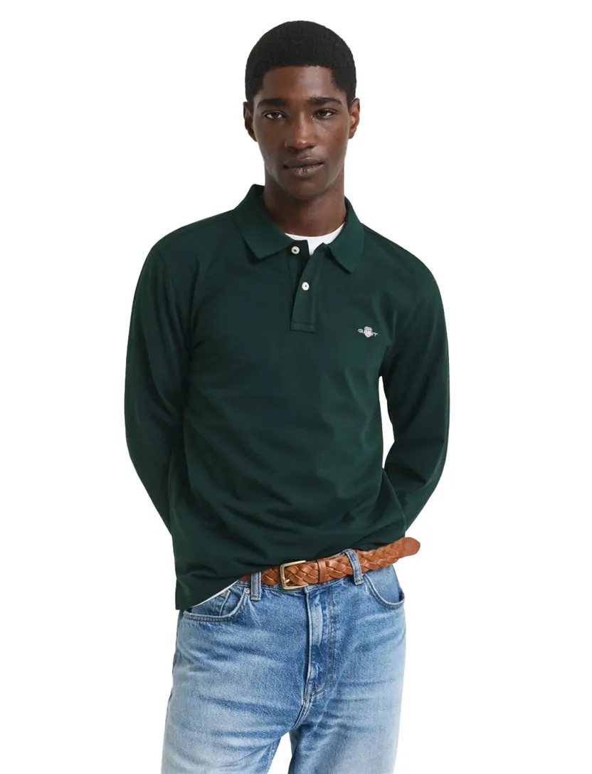 Effen Gant lange mouw polo normale fit groen