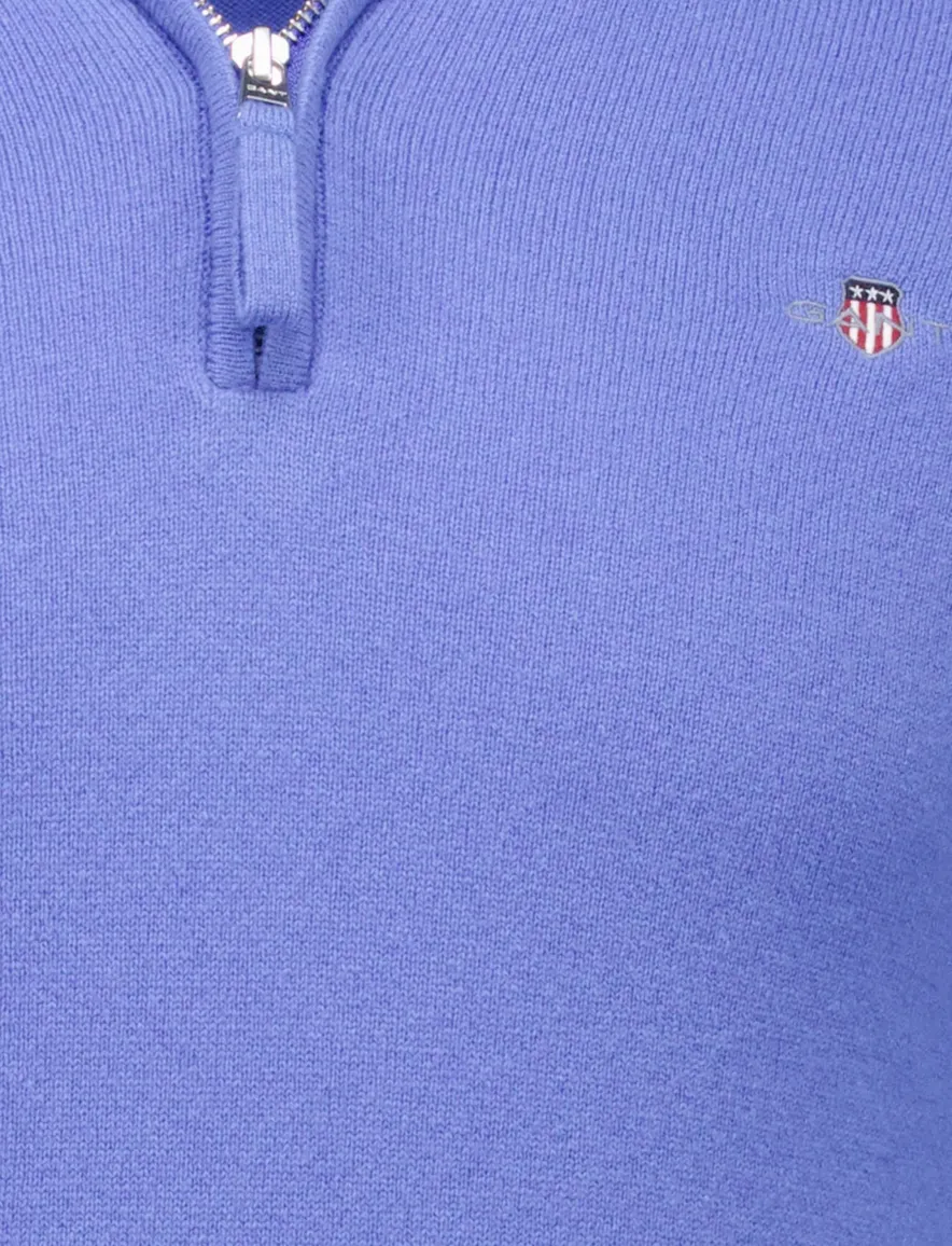 Gant trui blauw effen normale fit lamswol half zip