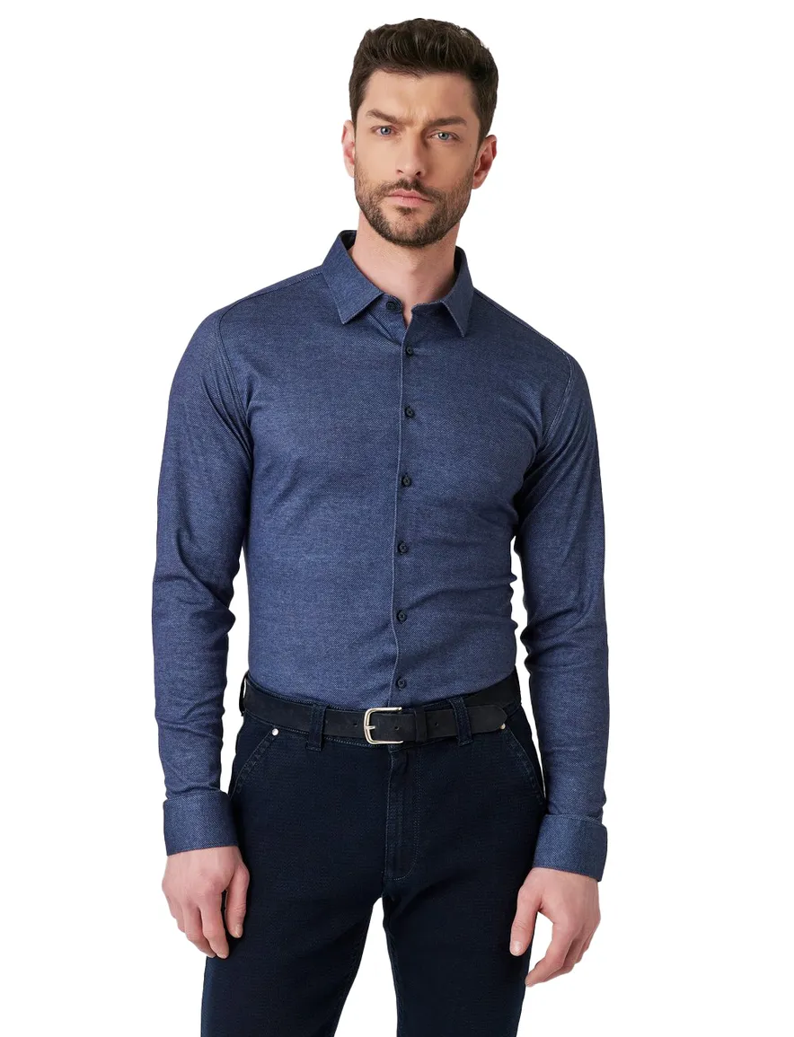 Desoto Casual Kent overhemd navy gemêleerd semi-wide collar