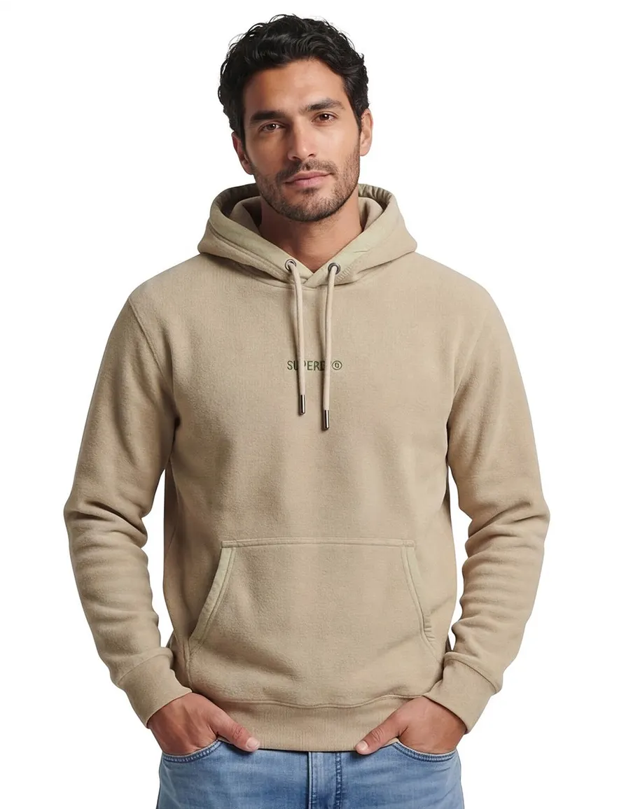 Superdry Hoodie Beige fleece groen logo effen