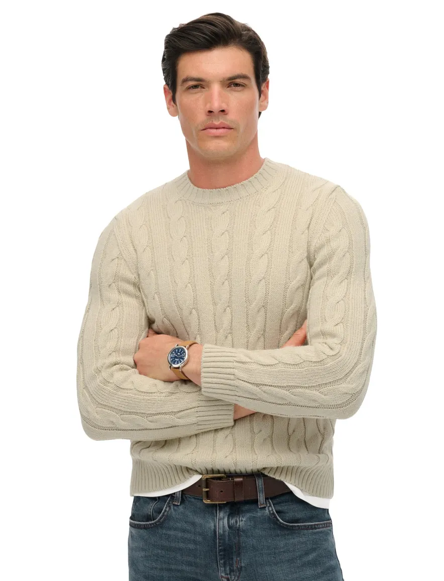 Superdry kabeltrui ecru acryl ronde hals