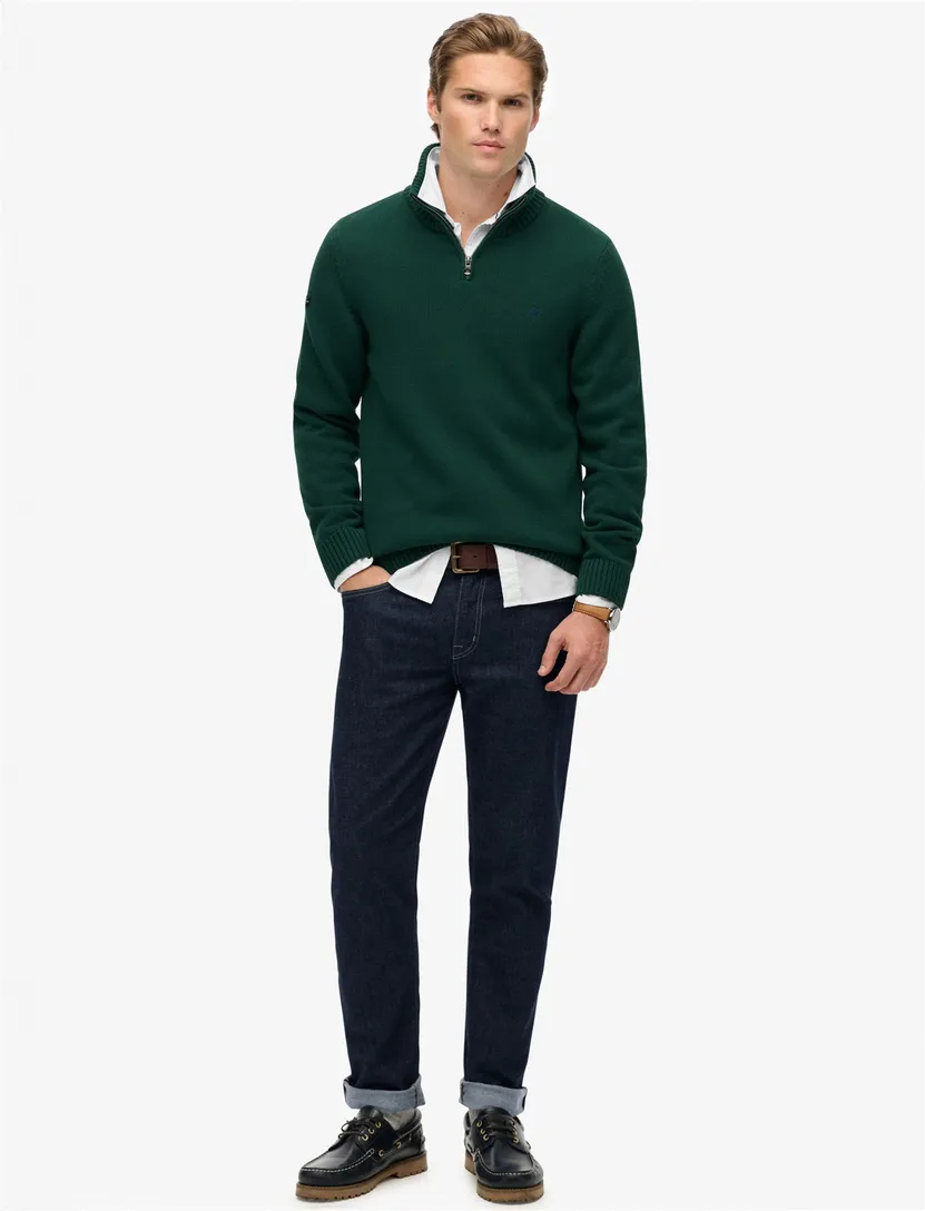 Superdry trui donkergroen katoen gebreid half zip effen