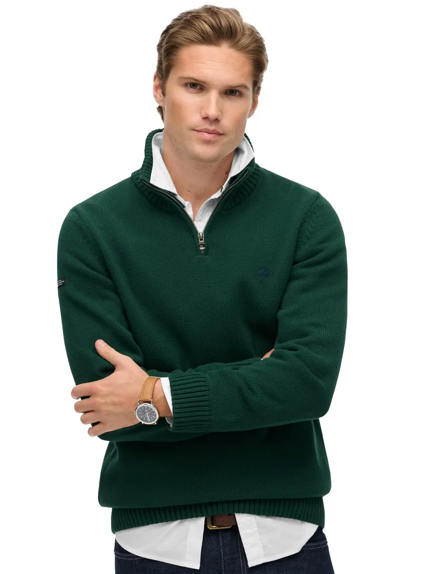 Superdry trui donkergroen 100% katoen gebreid half zip