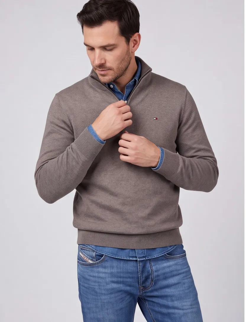 Tommy Hilfiger Half Zip bruin katoen lange mouw