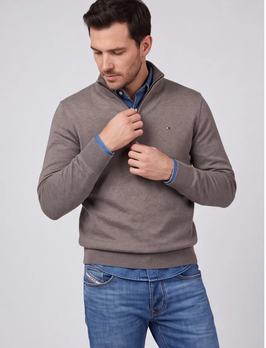 Tommy Hilfiger Half Zip bruin katoen
