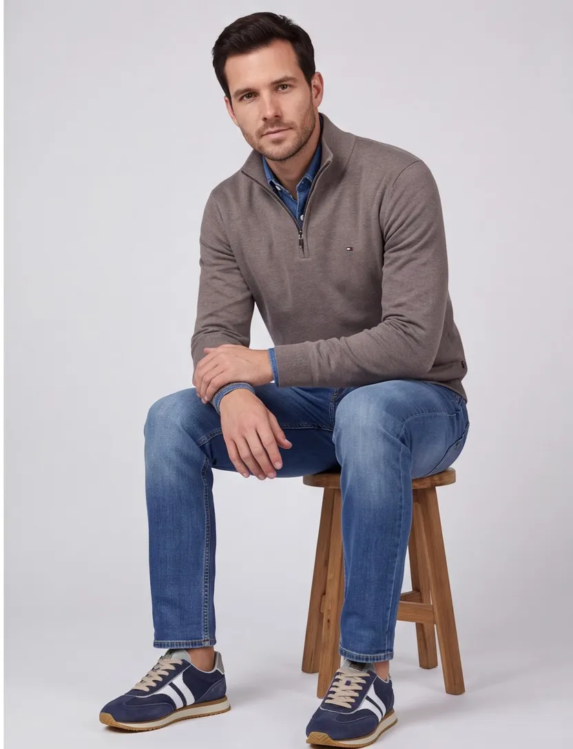 Tommy Hilfiger Half Zip bruin katoen lange mouw