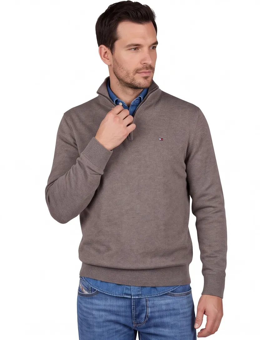 Tommy Hilfiger Half Zip bruin katoen lange mouw