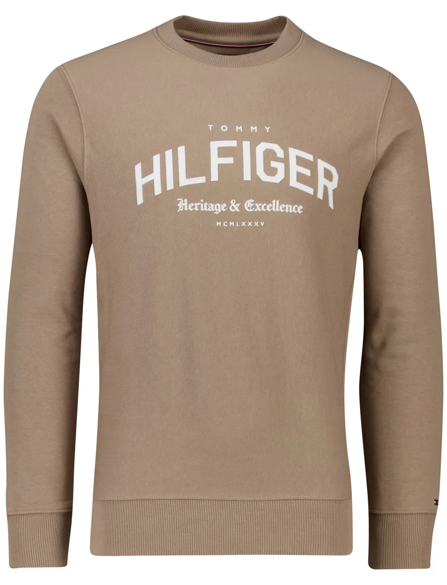 Tommy Hilfiger sweater beige effen katoen opdruk ronde hals
