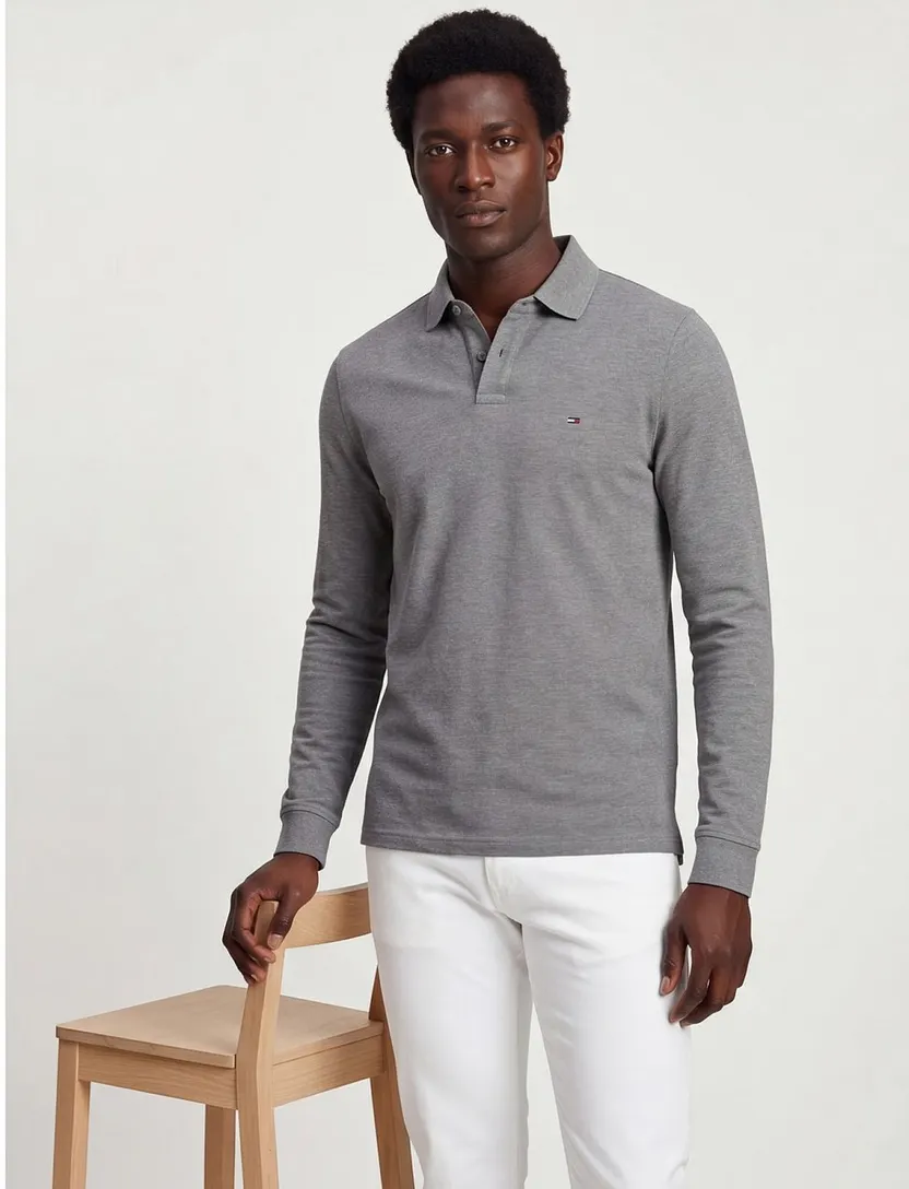 Tommy Hilfiger polo lange mouw grijs katoen