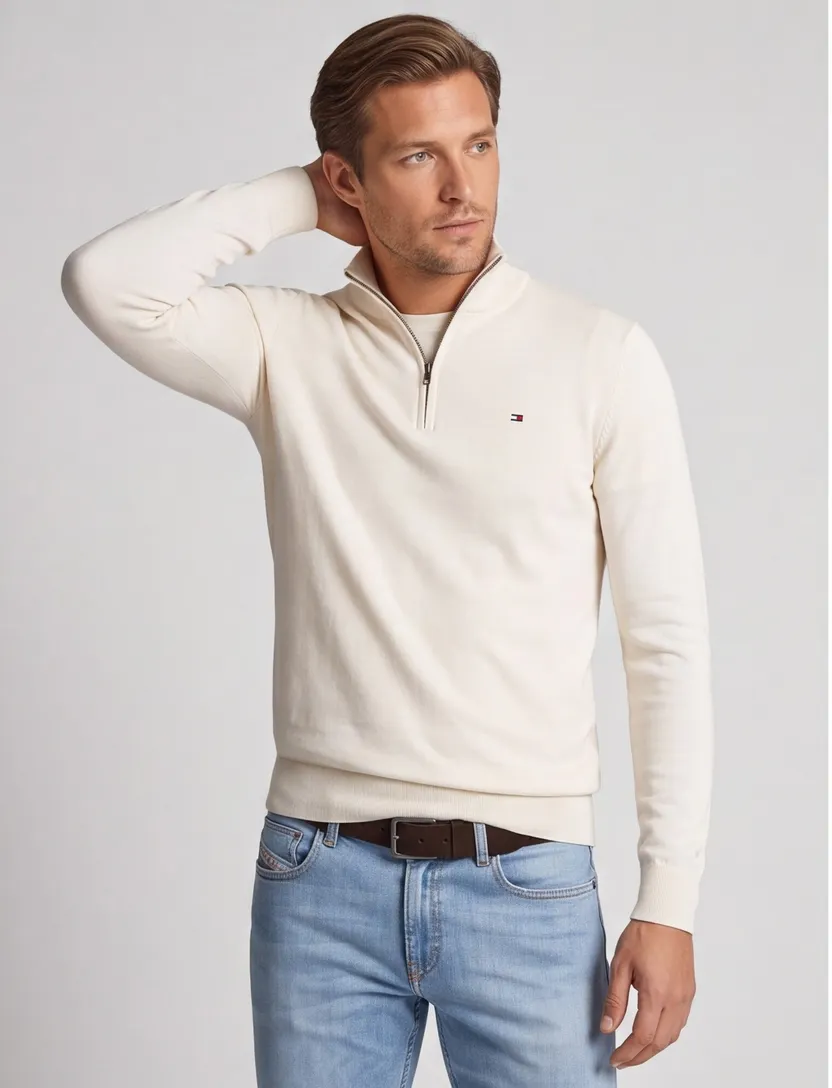 Tommy Hilfiger Half Zip trui creme 100% katoen
