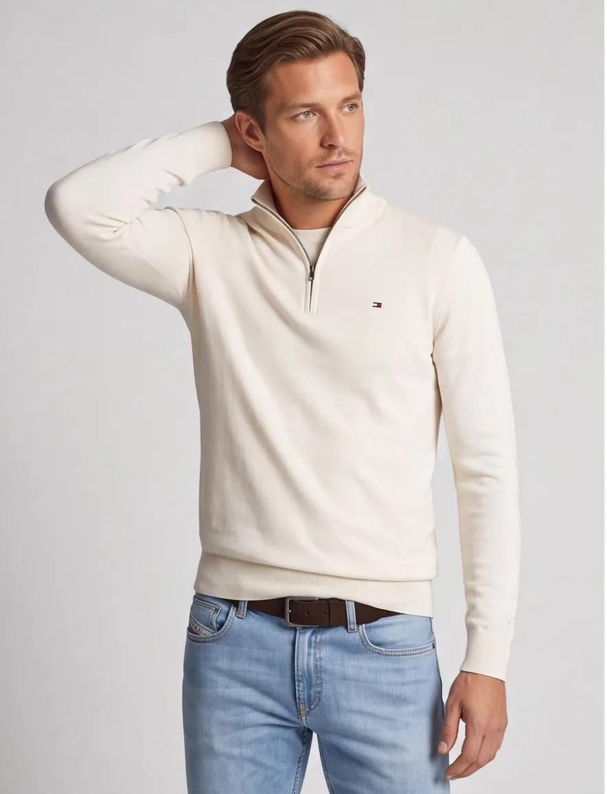 Tommy Hilfiger half zip trui creme katoen