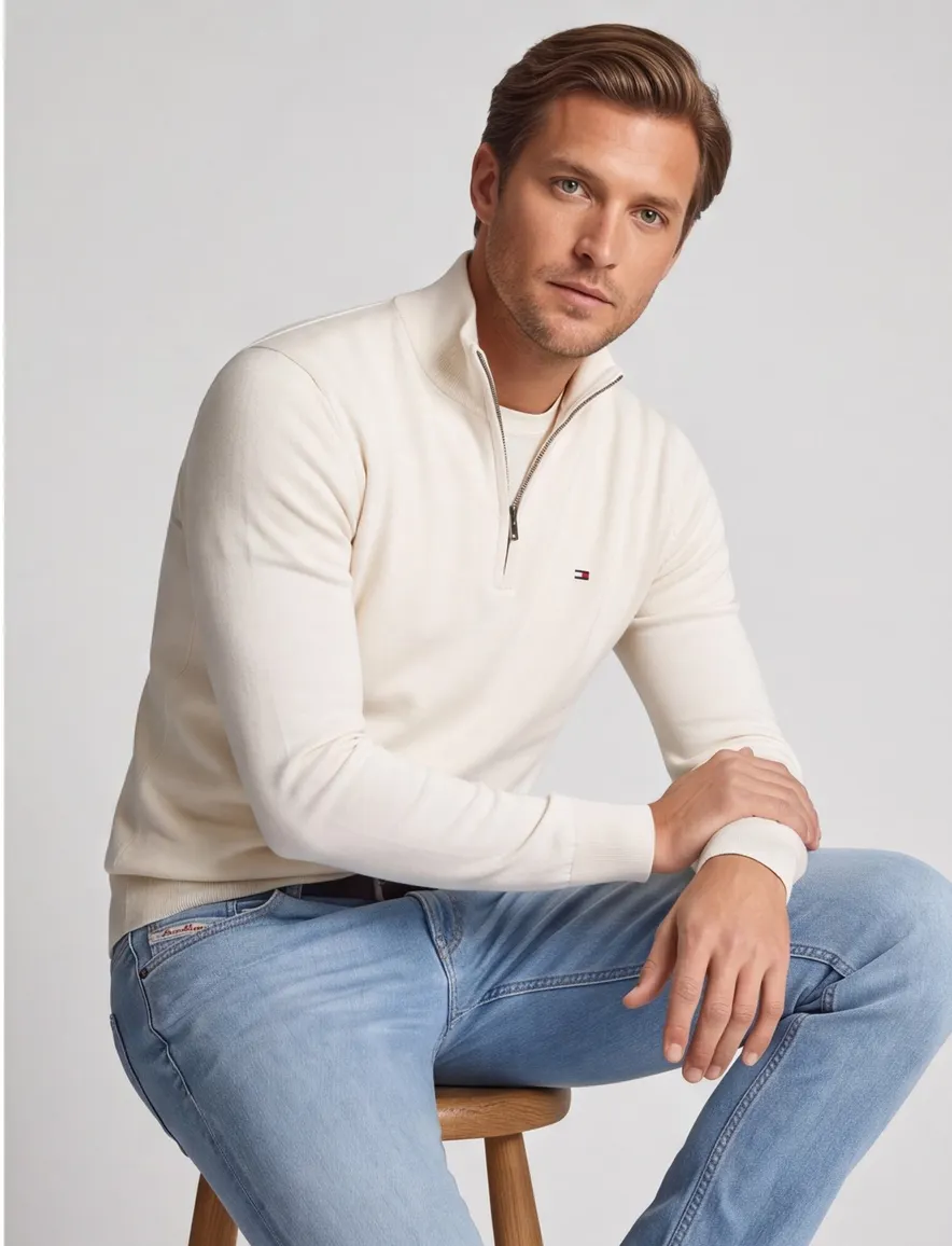 Tommy Hilfiger half zip trui creme katoen