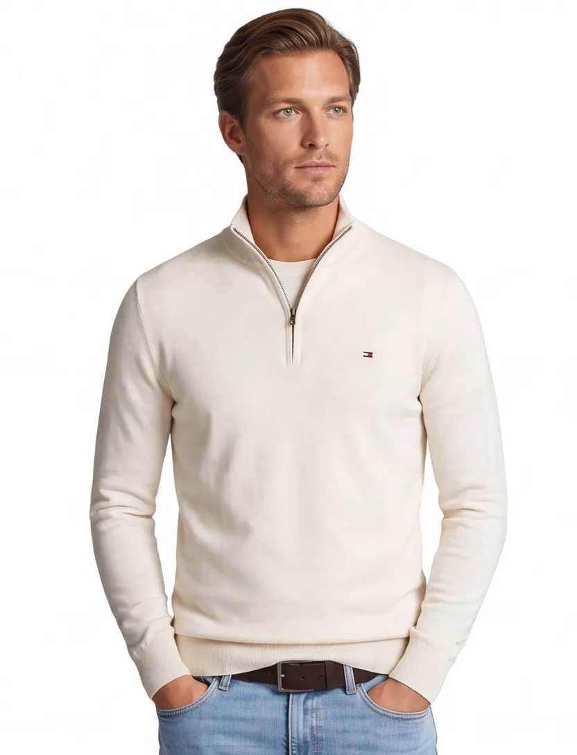 Tommy Hilfiger Half Zip trui creme 100% katoen