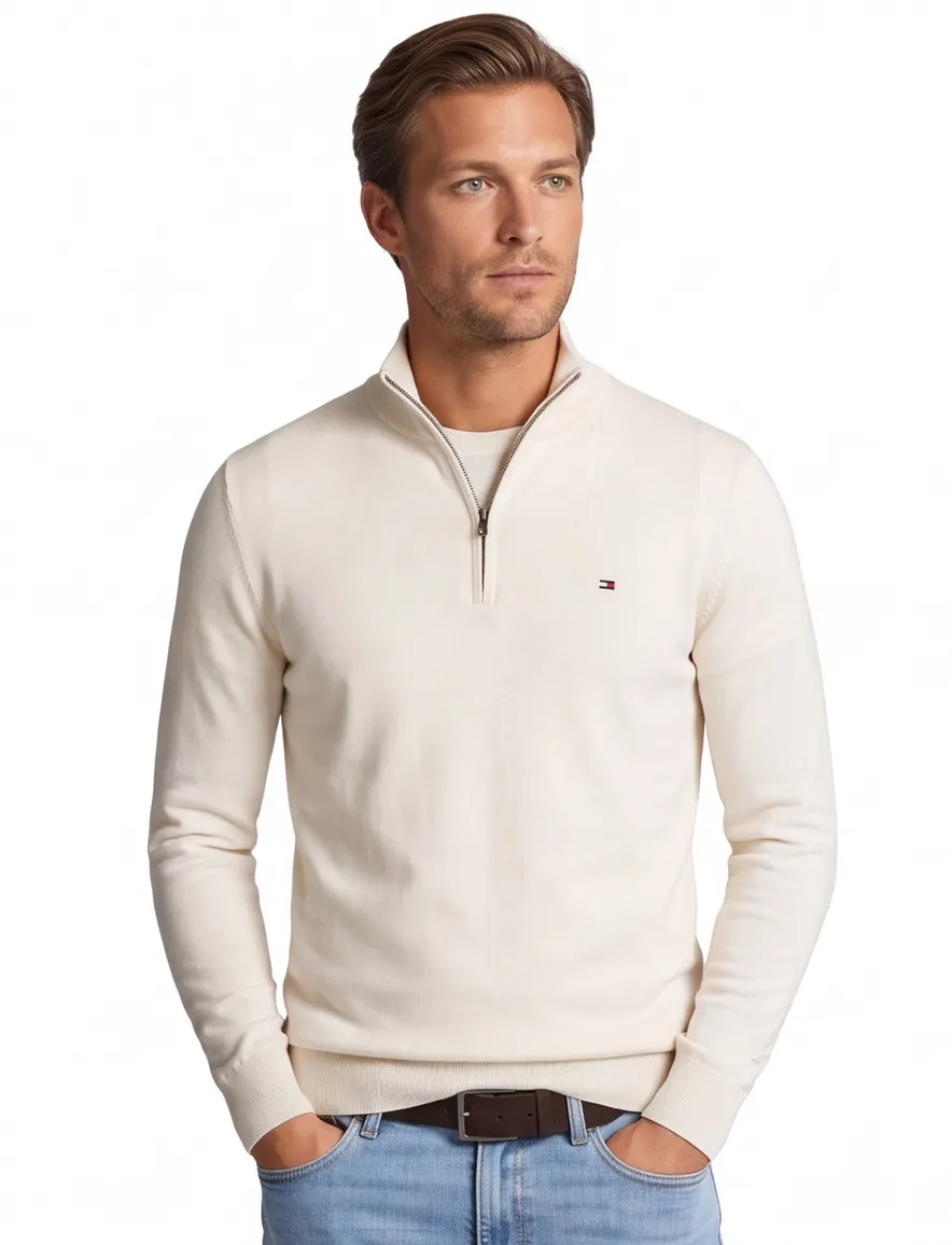 Tommy Hilfiger half zip trui creme katoen