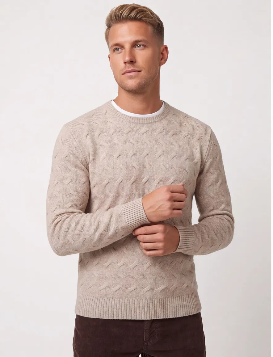 State of Art Trui Beige effen wol textuur met boord