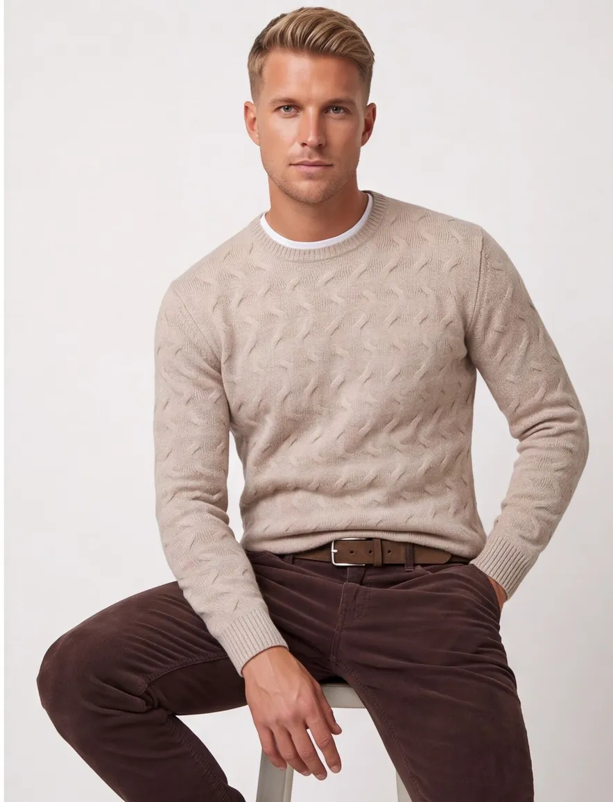 State of Art Trui Beige effen wol textuur met boord