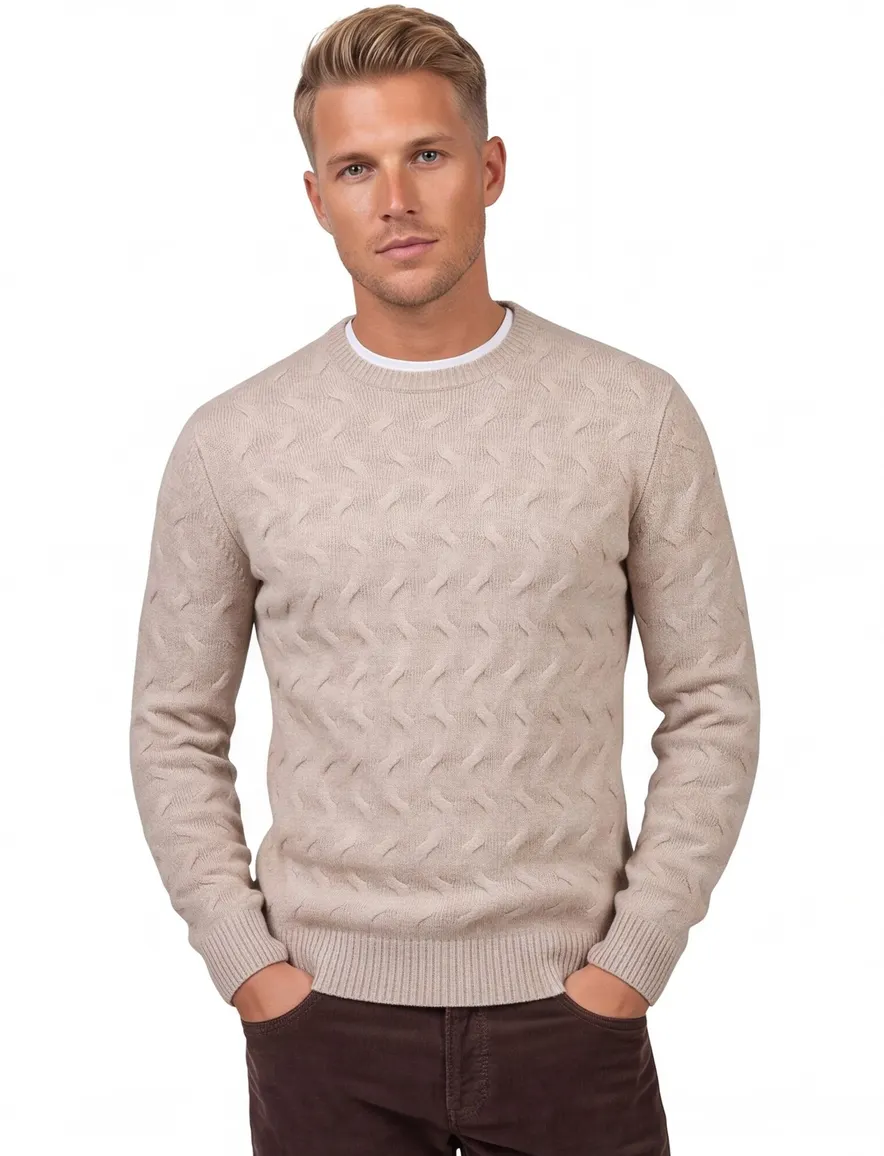 State of Art Trui Beige effen wol textuur met boord