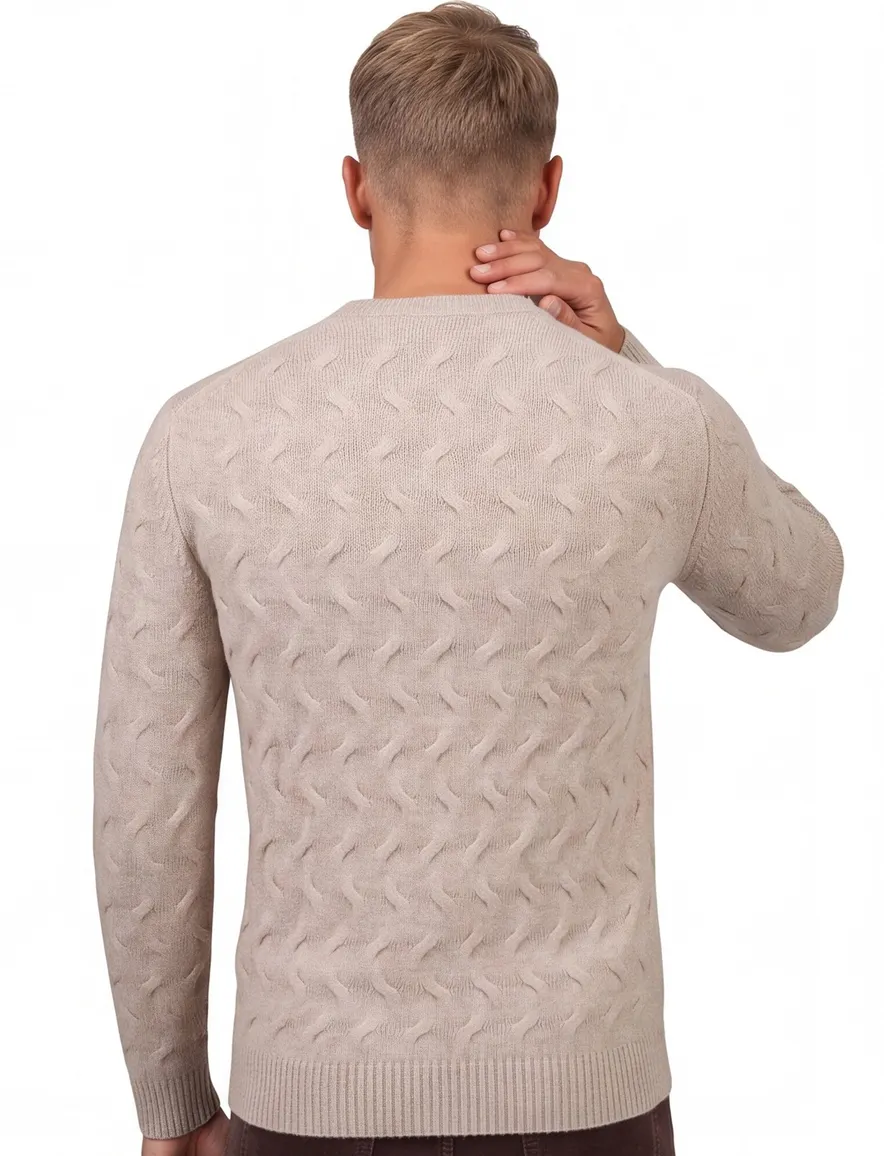 State of Art Trui Beige effen wol textuur met boord