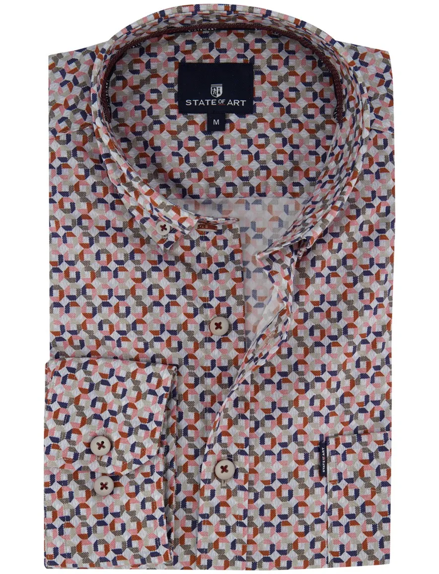 Geprint overhemd State of Art wijde fit roze blauw