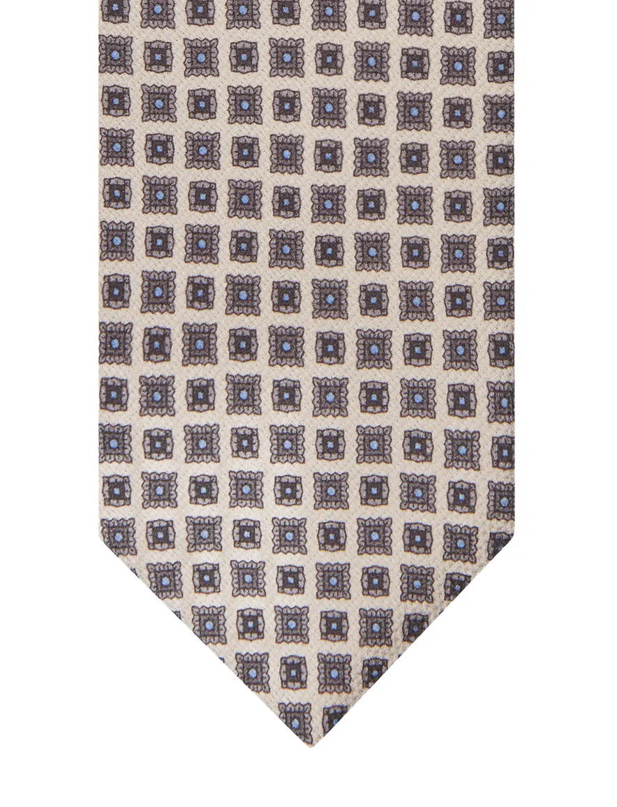 Profuomo stropdas bruin zijde vierkantjes geprint blauw