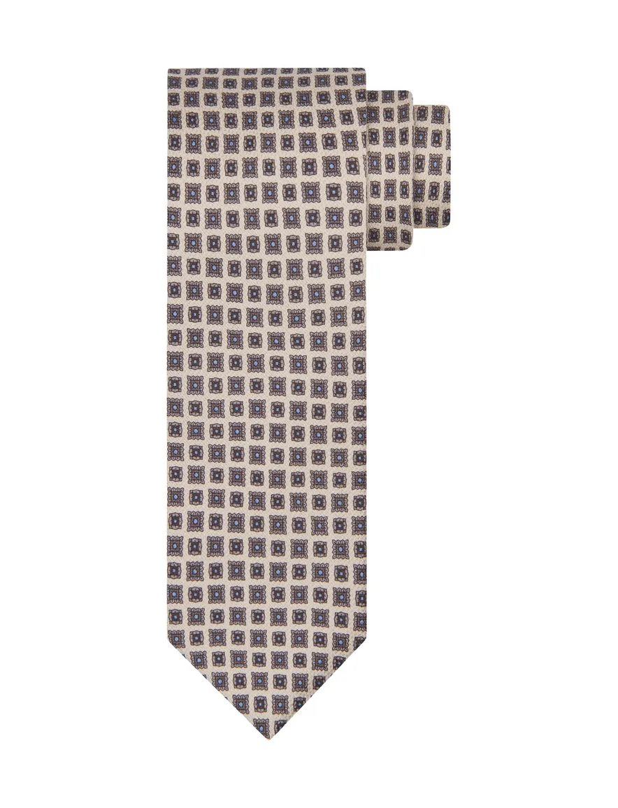 Profuomo stropdas bruin zijde vierkantjes geprint blauw