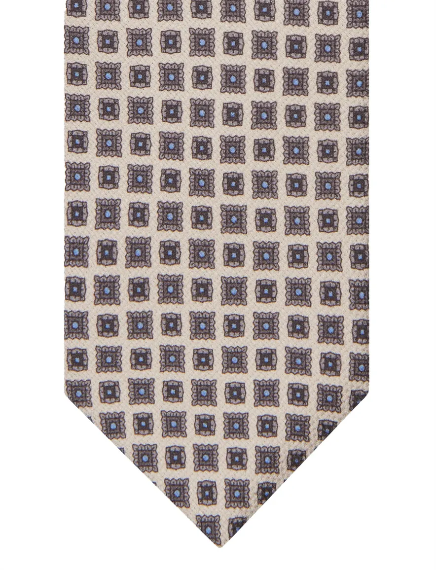 Profuomo stropdas bruin zijde vierkantjes geprint blauw