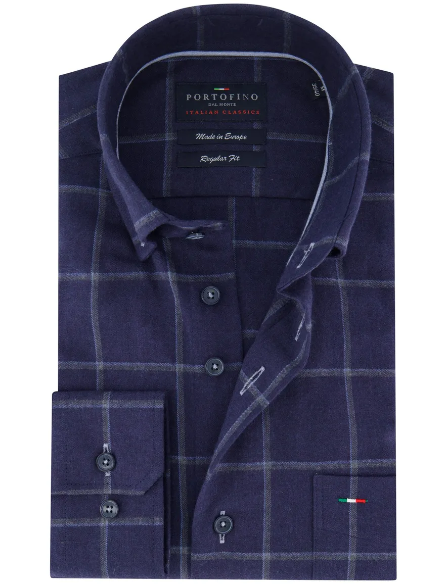 Portofino regular fit casual overhemd donkerblauw flannel geruit