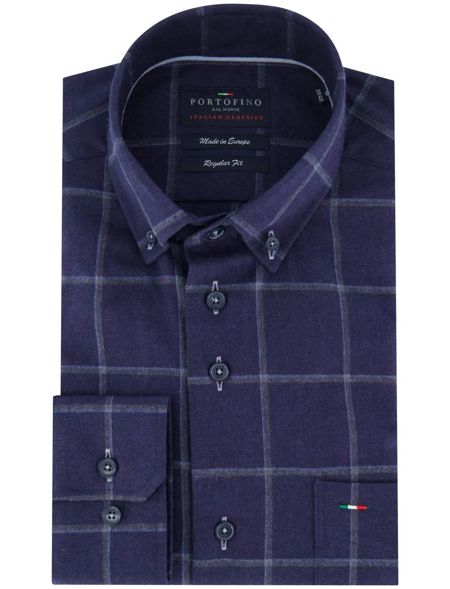 Portofino regular fit casual overhemd donkerblauw flannel geruit
