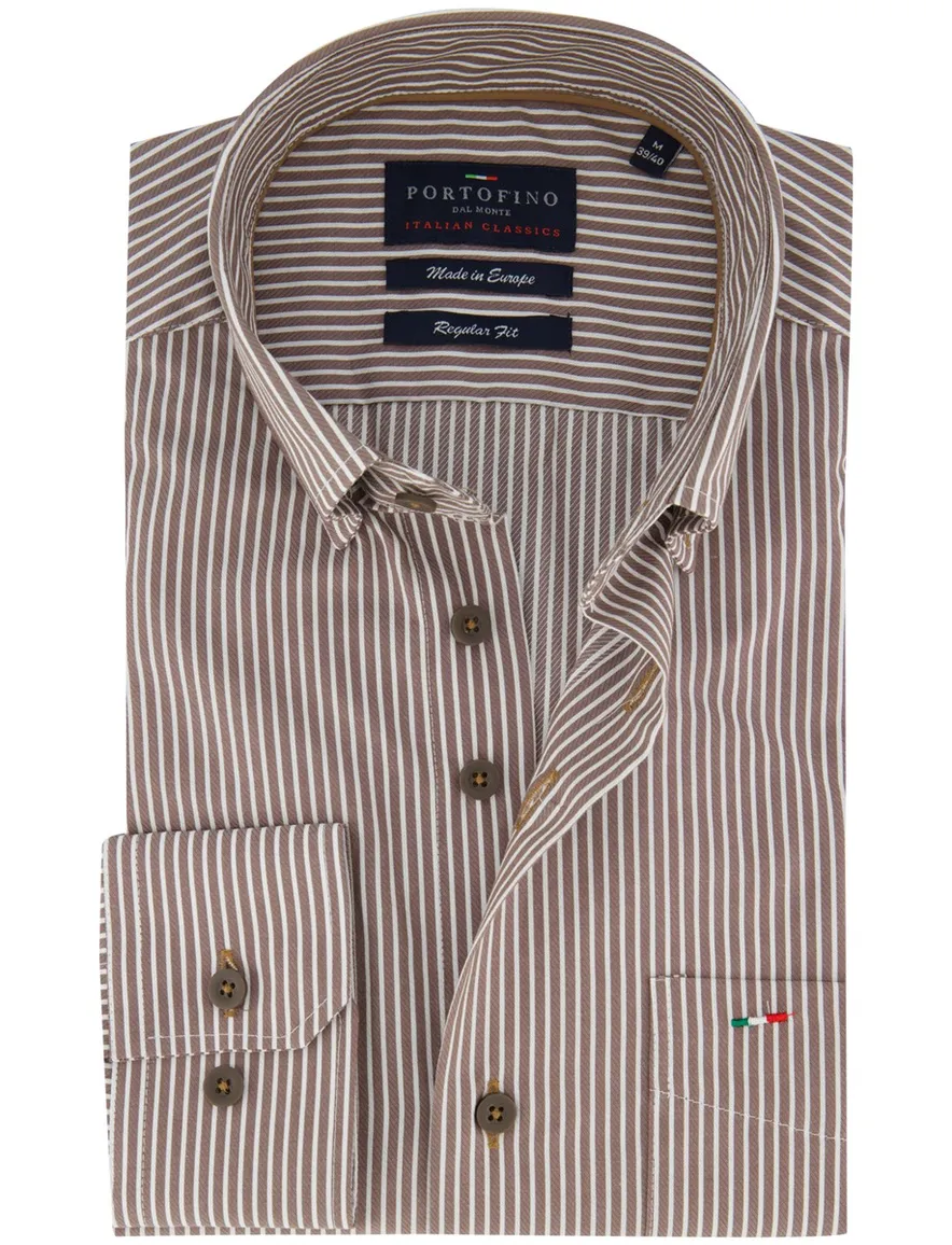 Portofino overhemd bruin gestreept regular fit