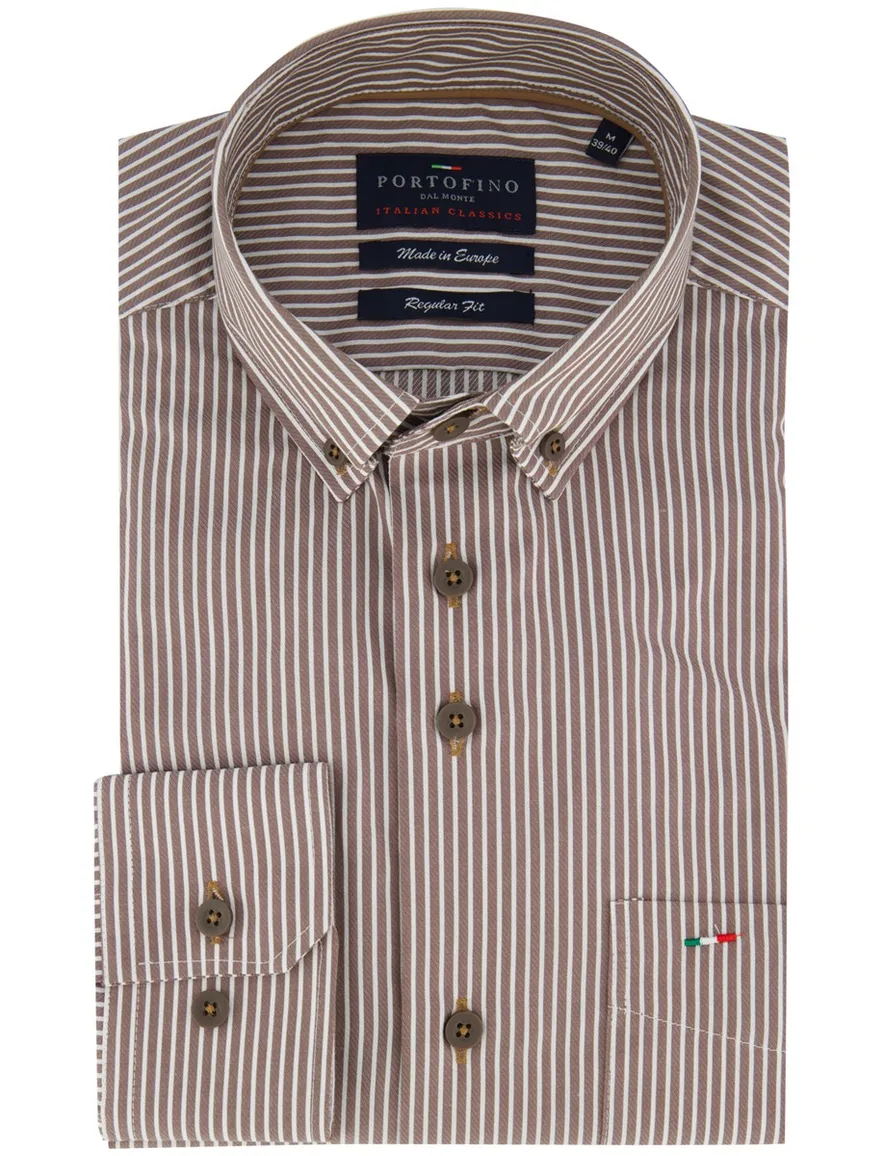 Portofino overhemd bruin gestreept regular fit