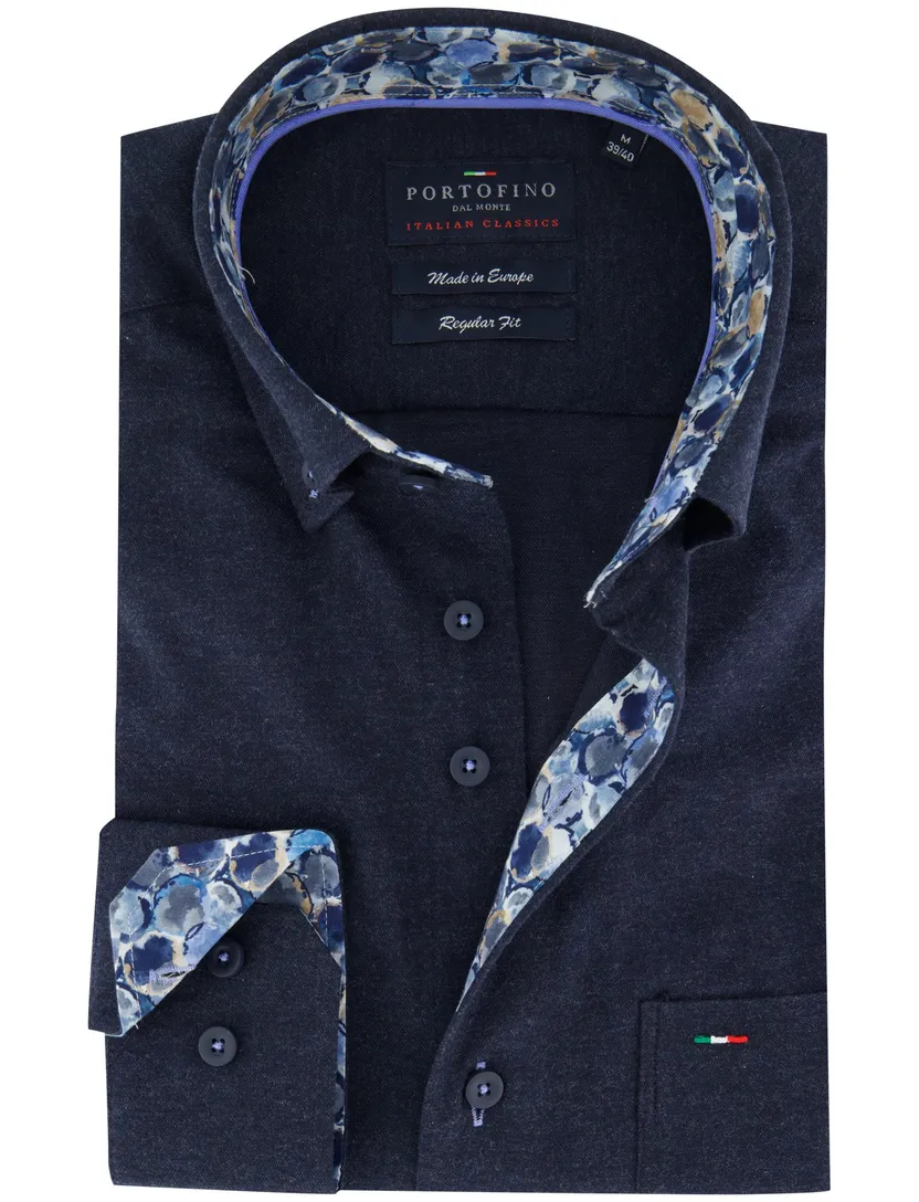 Normale fit overhemd Portofino donkerblauw effen katoen