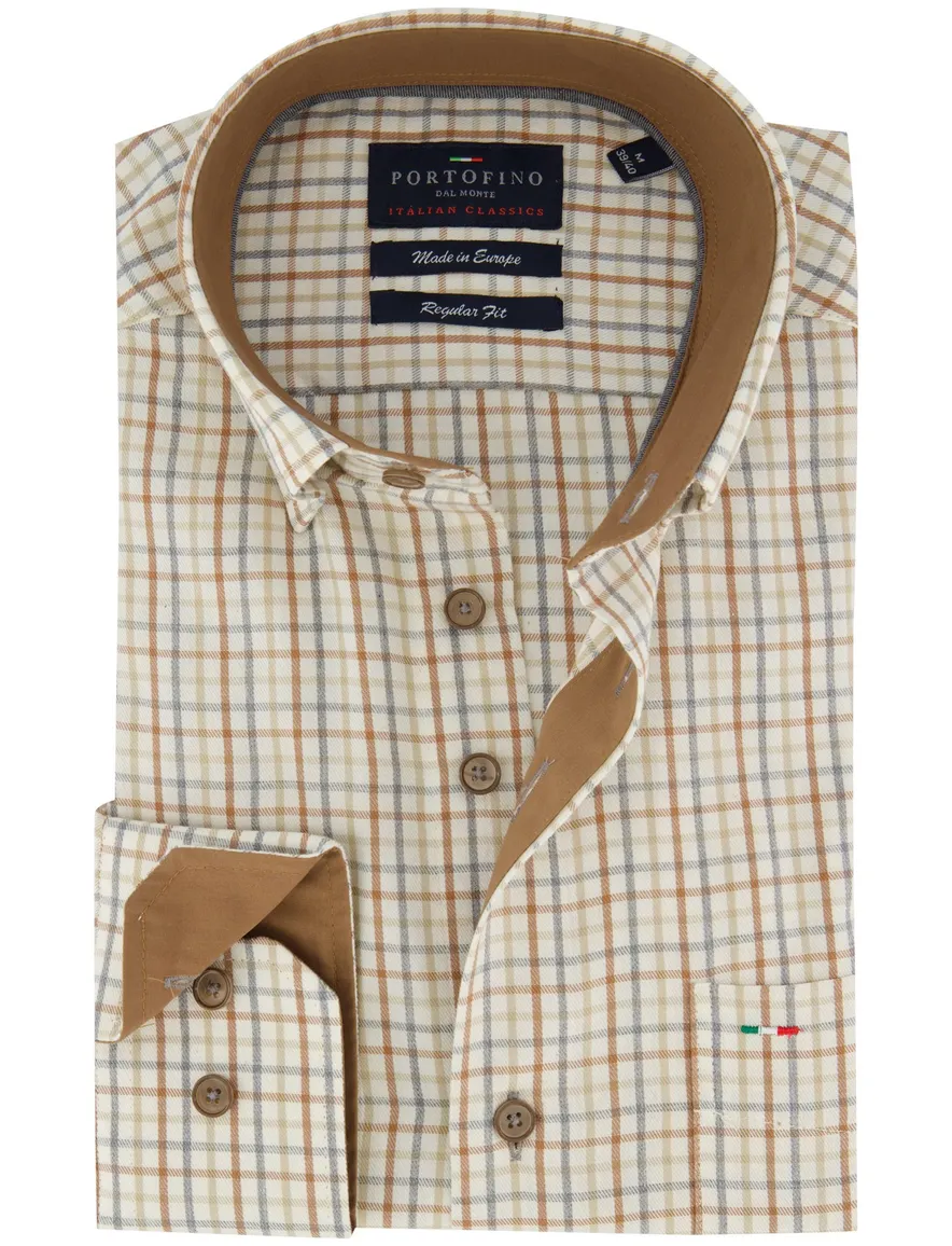 Portofino overhemd creme geruit regular fit