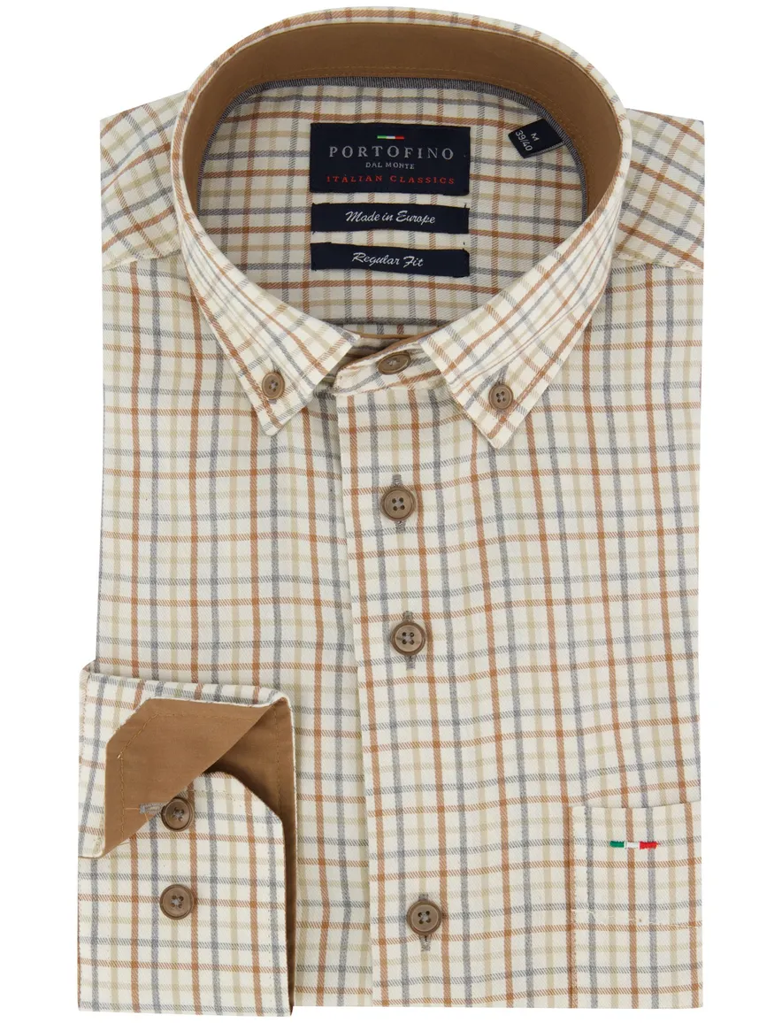 Portofino overhemd creme geruit regular fit
