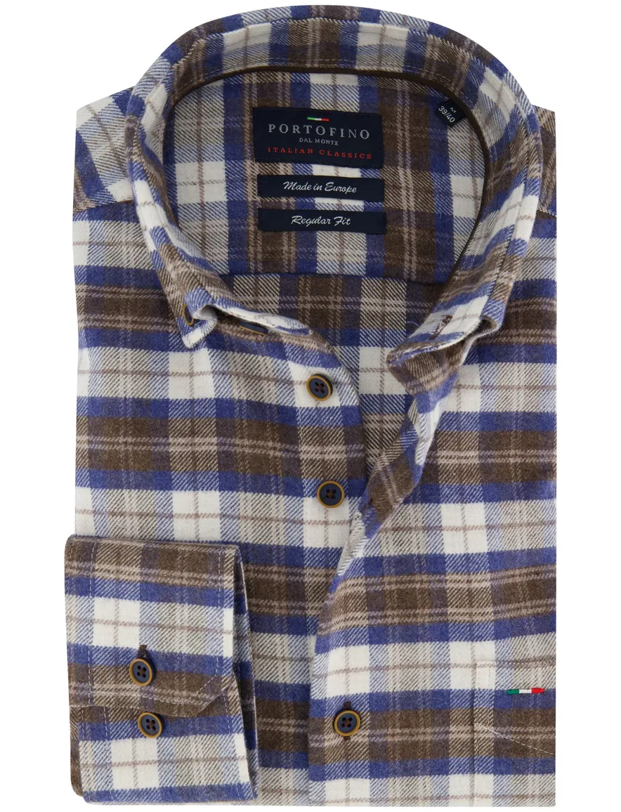 Portofino regular fit overhemd katoen bruin geruit