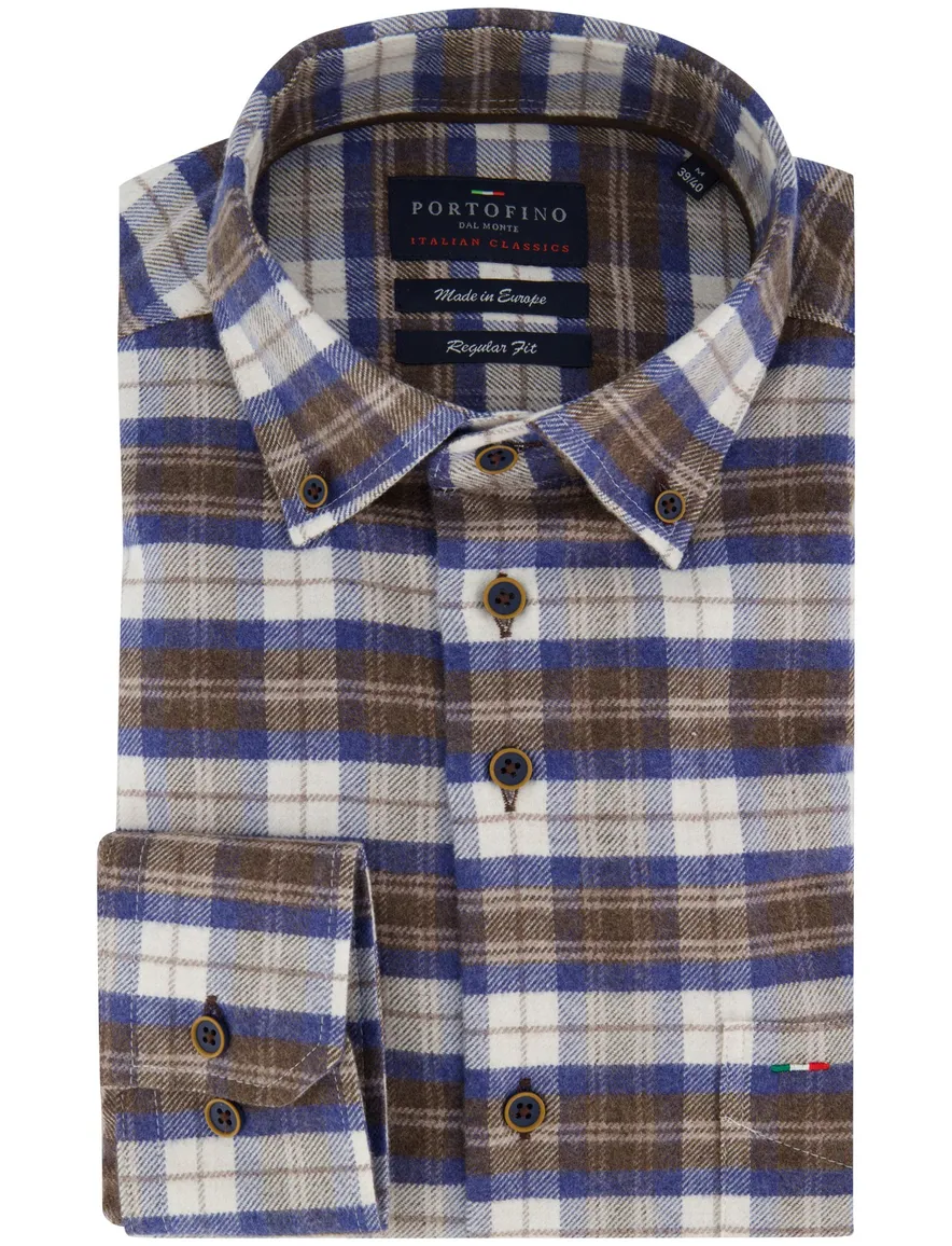 Portofino regular fit overhemd katoen bruin geruit