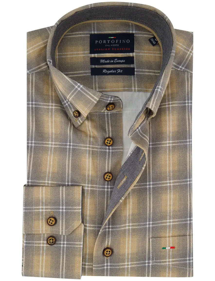 Portofino overhemd beige grijs geruit