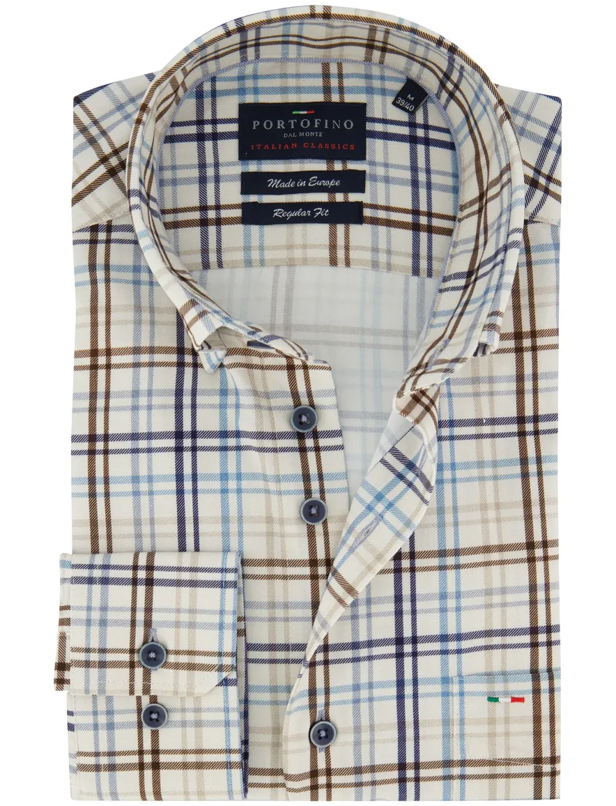 Portofino Regular Fit overhemd katoen geruit bruin