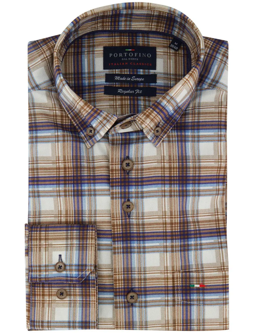 Bruin regular fit Portofino overhemd bruin geruit